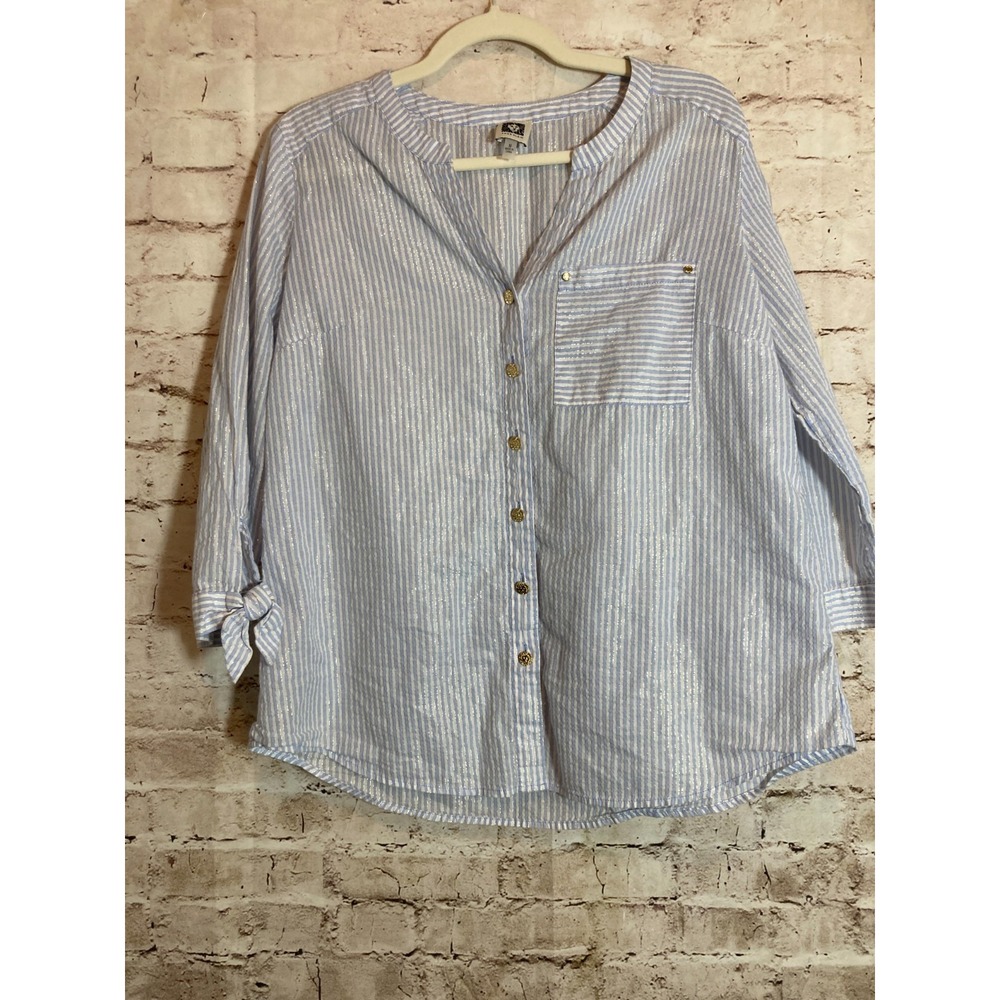 Anne Klein Top Womens‎ Medium Blue Glitter Striped Beachy Button Front Nautical